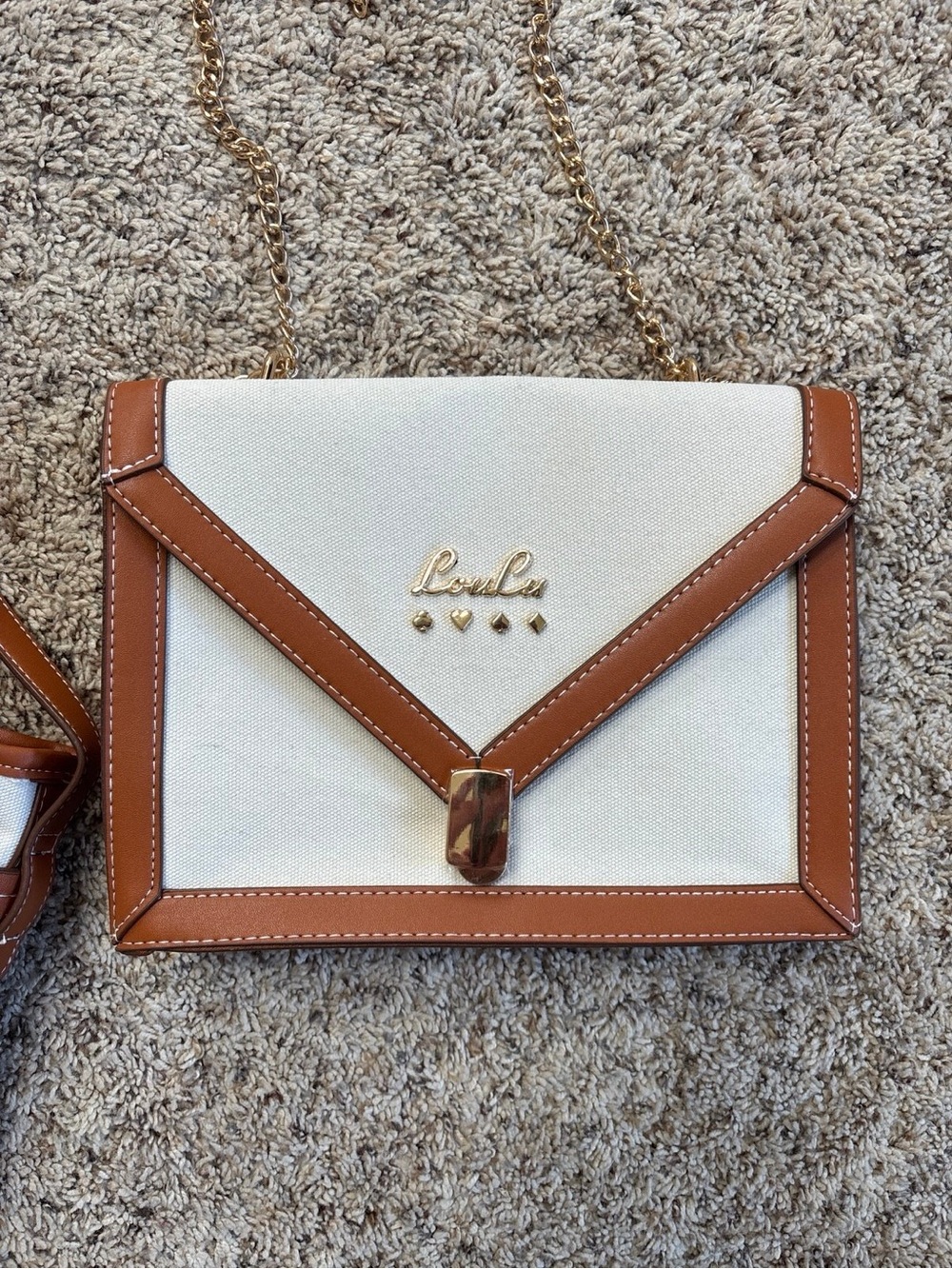 LouLu White and Tan Crossbody Bag with Gold Chain